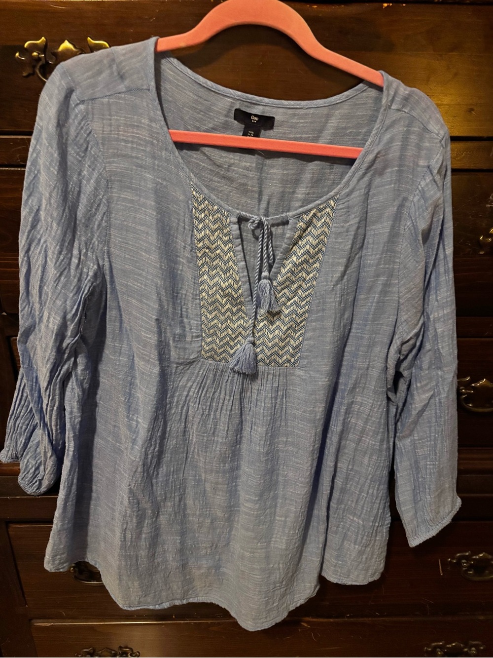 Gap Light Blue Peasant Blouse with Tassel Tie